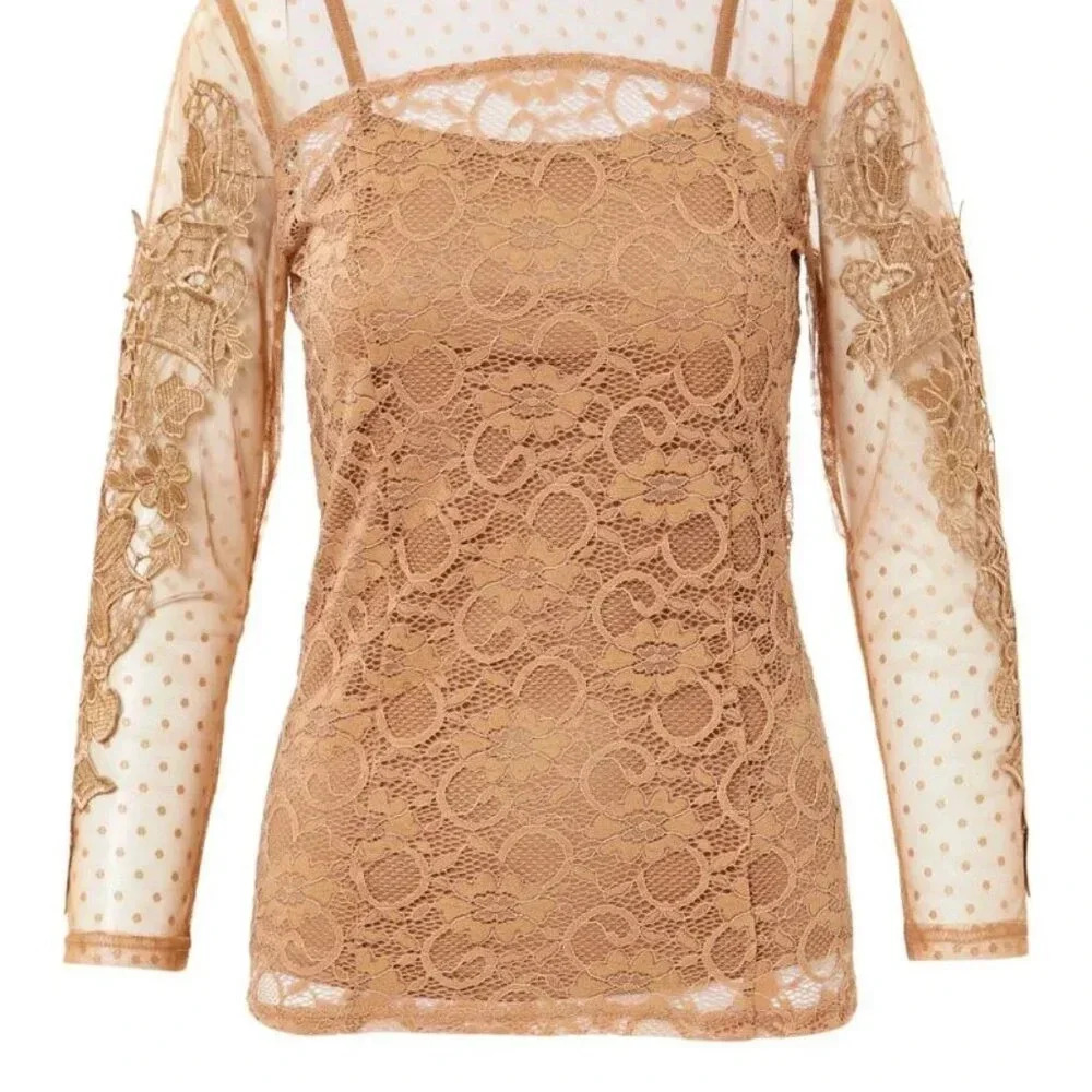 Pretty Angel Lace Romantic Charm Silk-blend Top  Chic Old Money Quiet Luxury - M